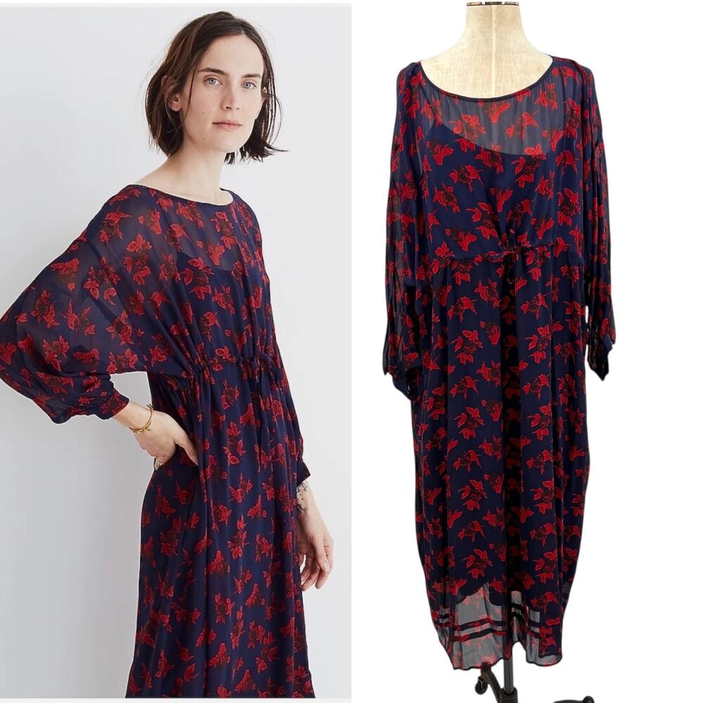 Madewell No.6 Silk Magical Dress Vintage Rose Floral‎ Print Blue Red Size 14